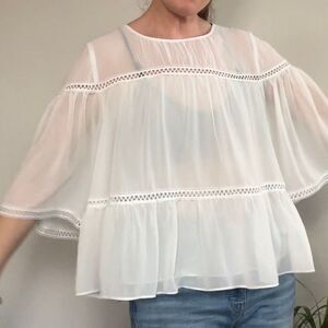 White Flowy Tiered Sheer Layered Bohemian Top M